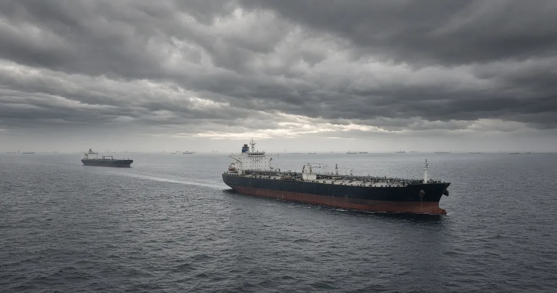 Oil tankers on a dark, overcast sea, conveying Hormuz shipping-risk escalation without battle-damage stills or invented map coordinates.