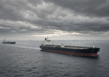 Oil tankers on a dark, overcast sea, conveying Hormuz shipping-risk escalation without battle-damage stills or invented map coordinates.