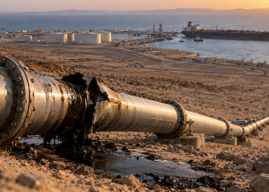 Yanbu Red Sea export terminal and East-West Petroline corridor stock-clock framing