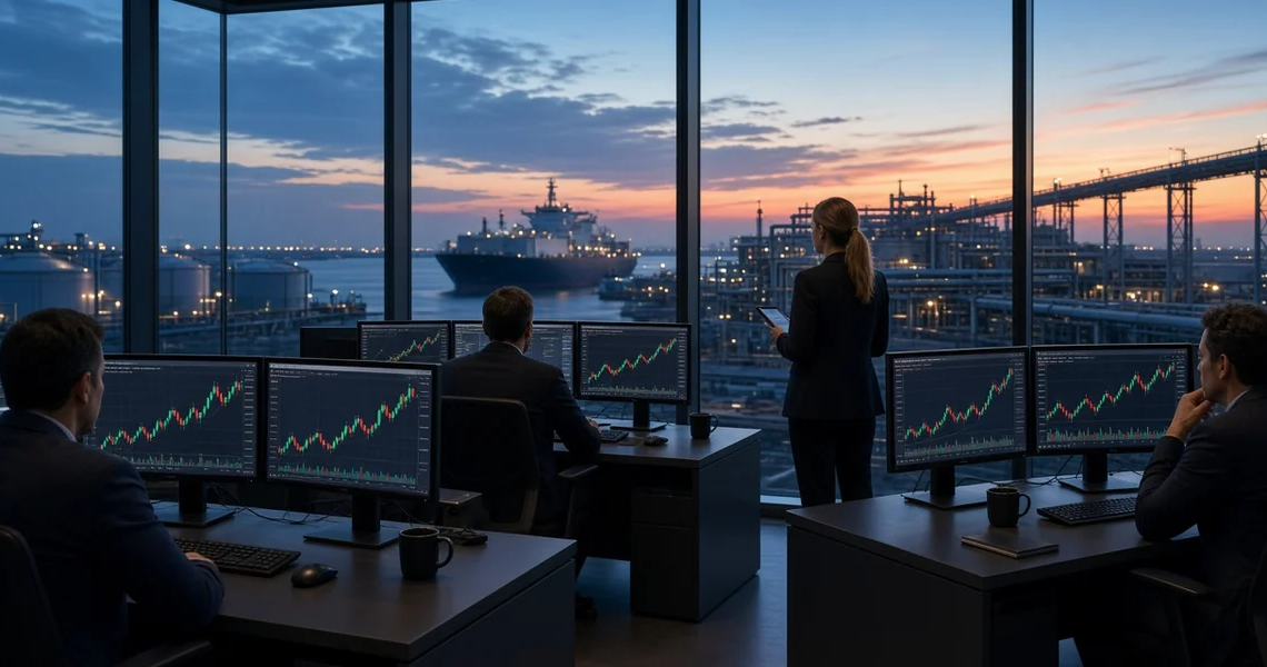 Energy trading floor overlooking LNG port infrastructure at dusk, conveying European TTF gas-price spike without readable fake settle figures or maps.