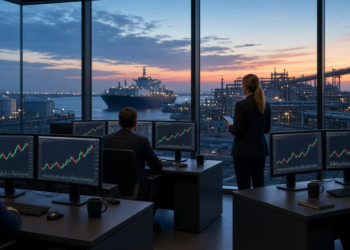 Energy trading floor overlooking LNG port infrastructure at dusk, conveying European TTF gas-price spike without readable fake settle figures or maps.