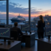 Energy trading floor overlooking LNG port infrastructure at dusk, conveying European TTF gas-price spike without readable fake settle figures or maps.