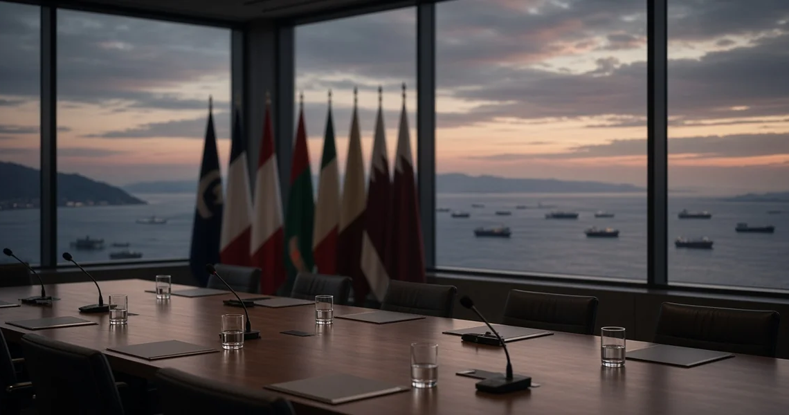 Empty diplomatic conference table at dusk overlooking distant tanker shipping lanes, conveying Middle East diplomacy and Hormuz risk without strike graphics, maps, or coordinates.