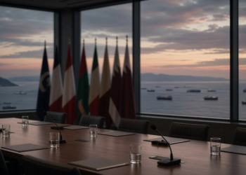Empty diplomatic conference table at dusk overlooking distant tanker shipping lanes, conveying Middle East diplomacy and Hormuz risk without strike graphics, maps, or coordinates.