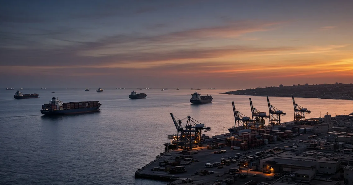 Red Sea commercial port at dusk with cargo ships and gantry cranes, illustrating shipping risk near Mocha and approaches to Bab el-Mandeb.