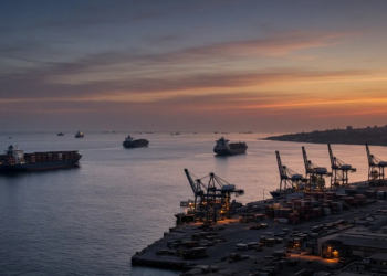 Red Sea commercial port at dusk with cargo ships and gantry cranes, illustrating shipping risk near Mocha and approaches to Bab el-Mandeb.