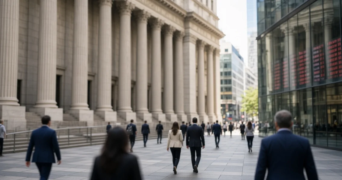 Wall Street plaza at midday with neoclassical exchange facade and a red market ticker in glass, as stocks trade soft and Treasury yields climb into Friday CPI.