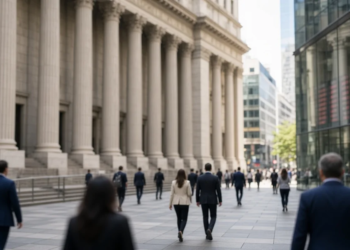 Wall Street plaza at midday with neoclassical exchange facade and a red market ticker in glass, as stocks trade soft and Treasury yields climb into Friday CPI.