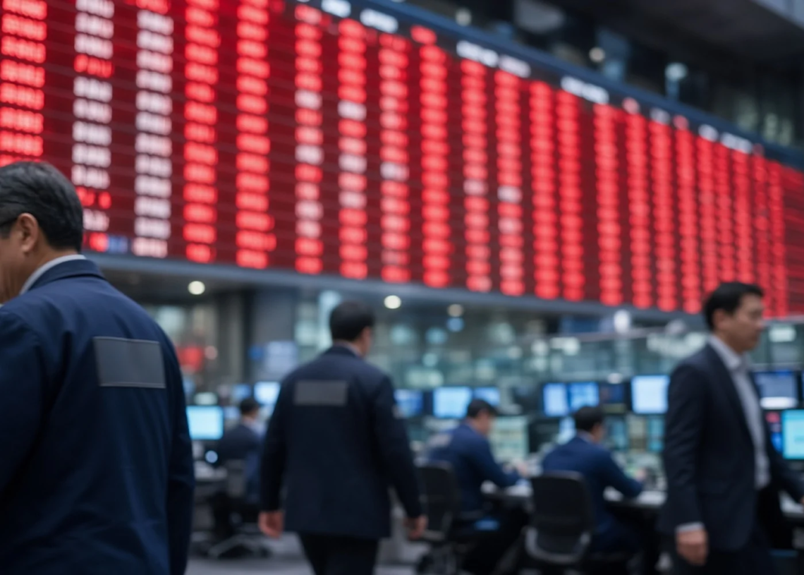Asian equity trading floor at Friday open with a steep red descending board, as Nikkei and Kospi open sharply lower into U.S. CPI.