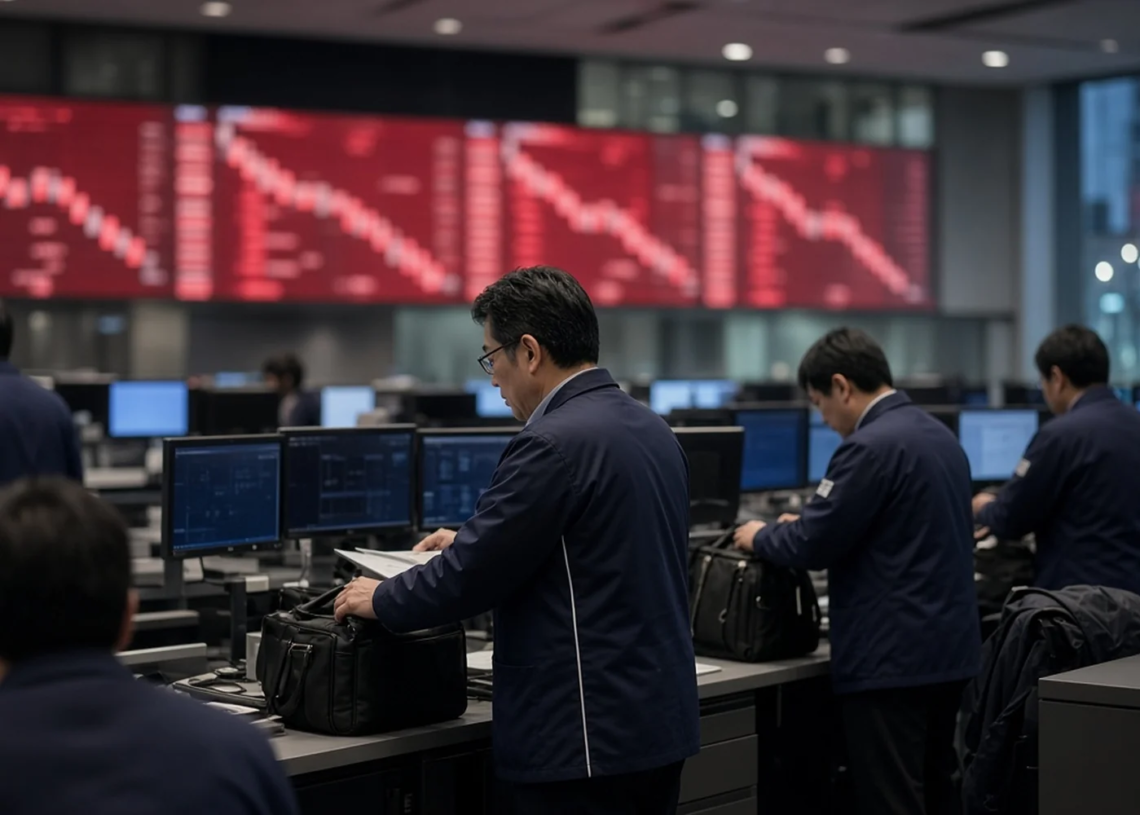 Asian trading floor at Friday cash close with a steep red descending board, as Nikkei and Kospi finish lower after recovering from a sharper open.