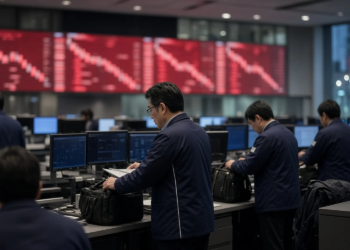 Asian trading floor at Friday cash close with a steep red descending board, as Nikkei and Kospi finish lower after recovering from a sharper open.
