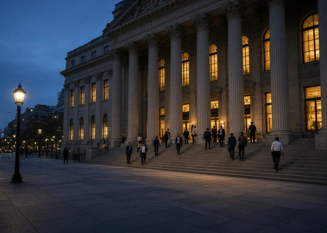 Office workers leave the New York Stock Exchange steps at dusk after the cash close.