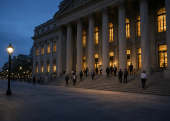 Office workers leave the New York Stock Exchange steps at dusk after the cash close.