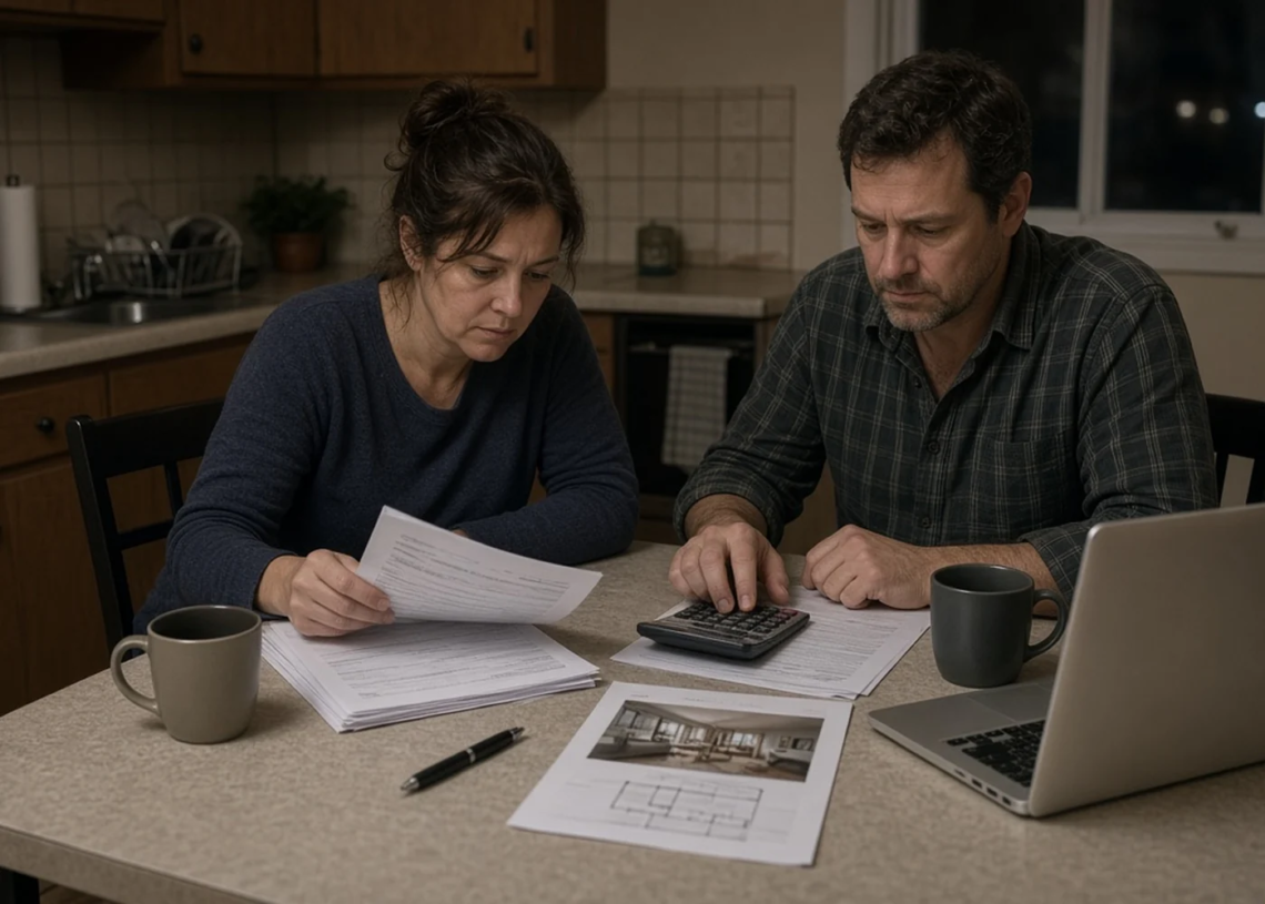 A middle-class couple at a modest kitchen table reviewing mortgage paperwork, a house listing with a floor plan, a calculator, and a laptop.
