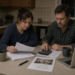 A middle-class couple at a modest kitchen table reviewing mortgage paperwork, a house listing with a floor plan, a calculator, and a laptop.