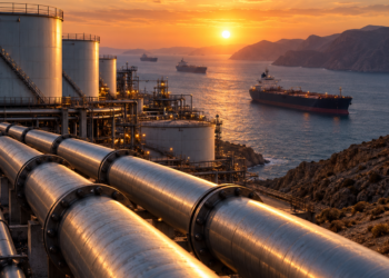 Coastal oil facility with pipelines and tankers at sunset — strategic petroleum / Middle East supply risk