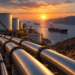 Coastal oil facility with pipelines and tankers at sunset — strategic petroleum / Middle East supply risk