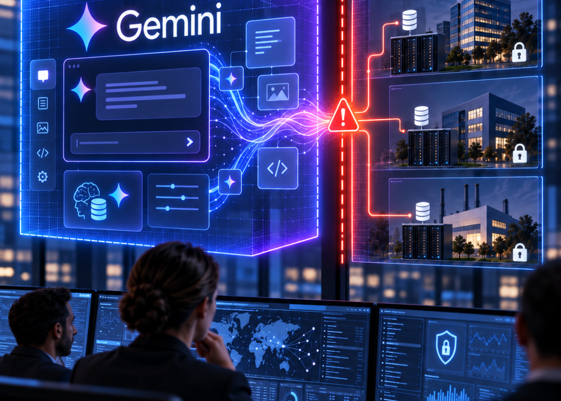 Security operations center with Gemini holographic interface warning as AI access paths reach three corporate systems