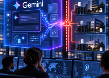 Security operations center with Gemini holographic interface warning as AI access paths reach three corporate systems