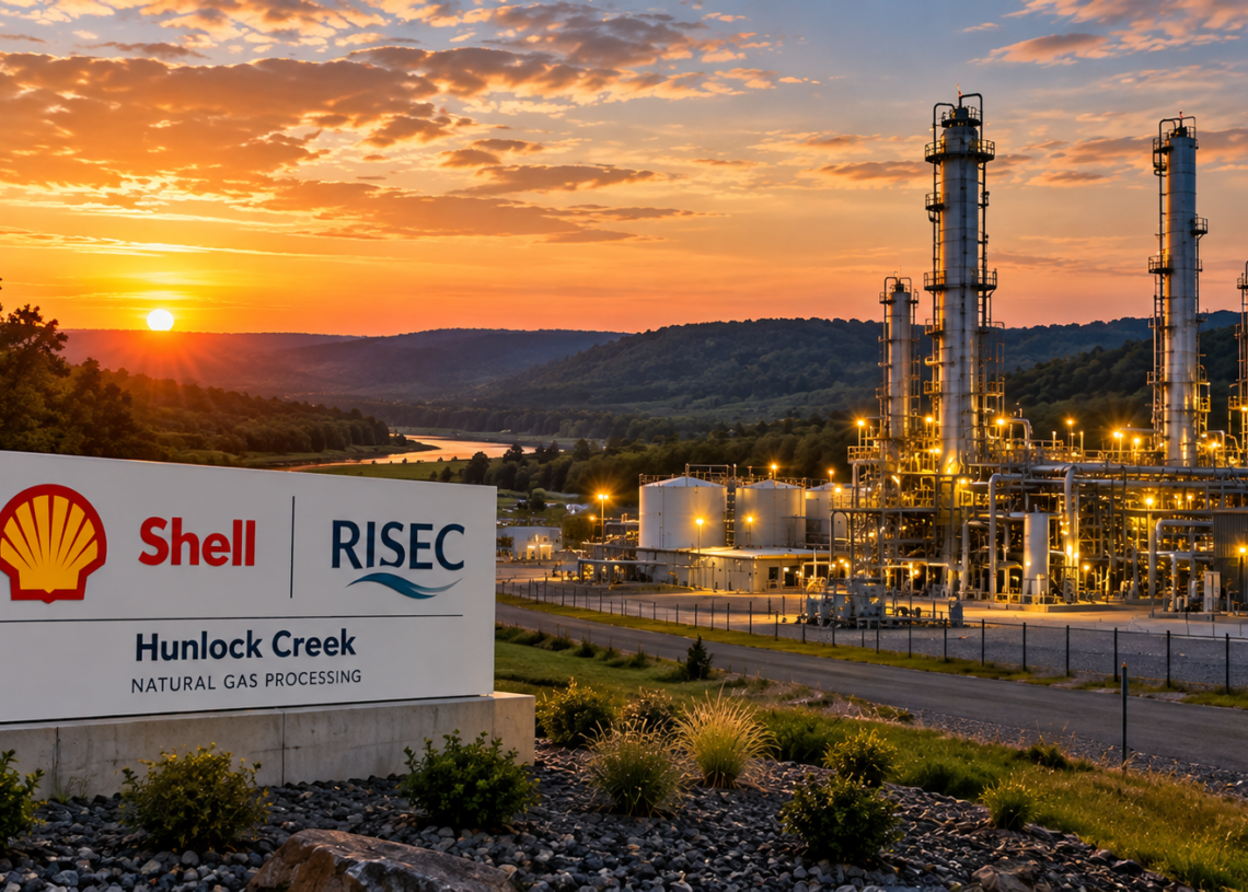 Shell RISEC Hunlock Creek natural gas processing plant at sunset
