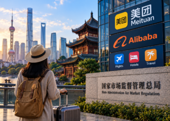 Traveler overlooking Shanghai skyline beside Meituan and Alibaba travel platform signage and China market regulator plaque