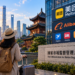 Traveler overlooking Shanghai skyline beside Meituan and Alibaba travel platform signage and China market regulator plaque