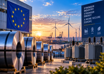EU industrial harbor at sunset with electrical steel coils, transformers, wind turbines and EU flag — stronger industry, grid and clean energy