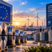 EU industrial harbor at sunset with electrical steel coils, transformers, wind turbines and EU flag — stronger industry, grid and clean energy