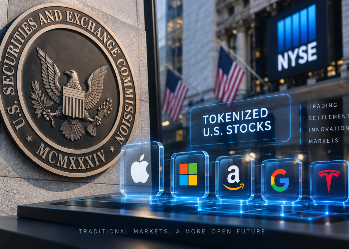 SEC seal and NYSE facade with tokenized U.S. stock overlays for Apple, Microsoft, Amazon, Google and Tesla