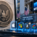 SEC seal and NYSE facade with tokenized U.S. stock overlays for Apple, Microsoft, Amazon, Google and Tesla