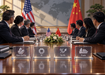 U.S. and China flags behind a conference table with rare earths, AI, tariffs and trade agenda markers