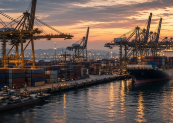 Container port with gantry cranes and cargo ships at dusk, conveying China export and trade-surplus activity without branded labels.