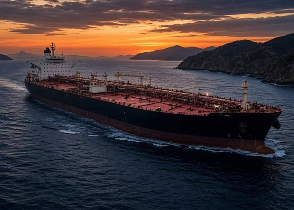 Crude oil tanker navigating a narrow strait at sunset, conveying Brent futures and US-Iran shipping-risk escalation without facility labels.