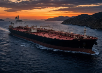 Crude oil tanker navigating a narrow strait at sunset, conveying Brent futures and US-Iran shipping-risk escalation without facility labels.