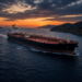 Crude oil tanker navigating a narrow strait at sunset, conveying Brent futures and US-Iran shipping-risk escalation without facility labels.