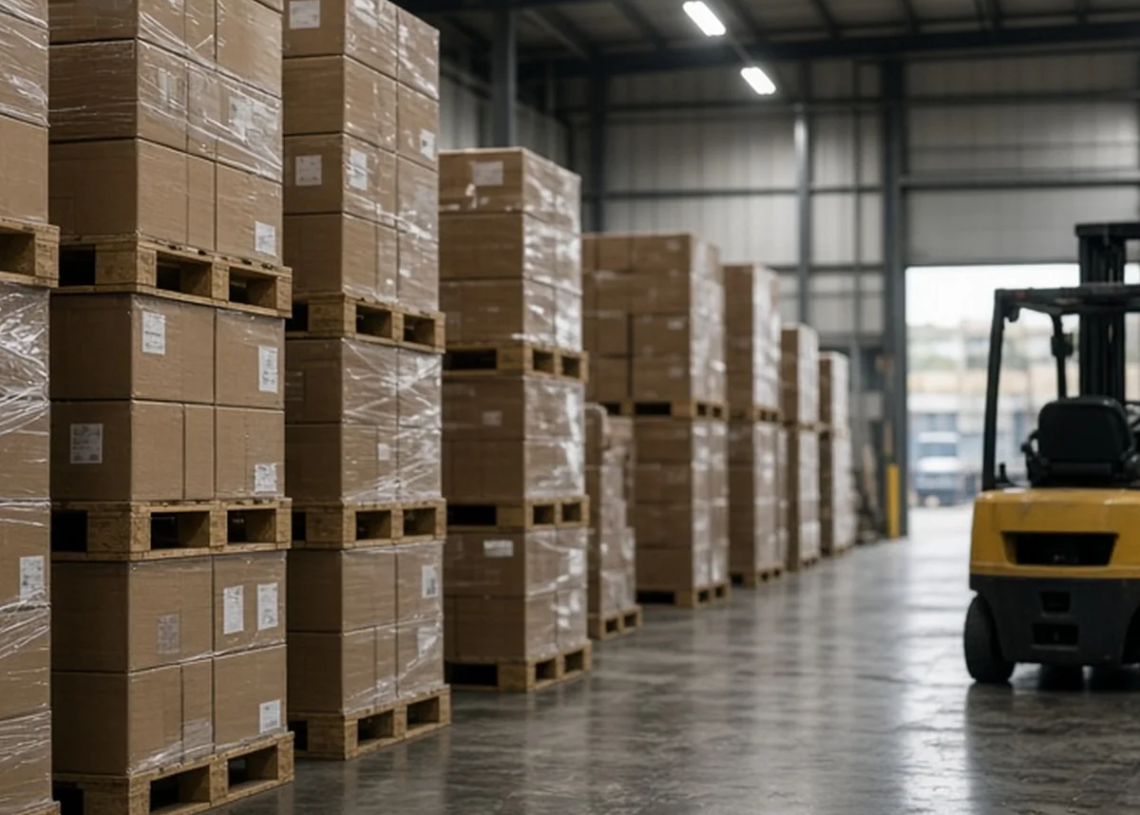 Tall warehouse aisle with pallet stacks and forklift, hero crop for U.S. August PPI sticky without readable PPI percentages on image.