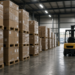 Tall warehouse aisle with pallet stacks and forklift, hero crop for U.S. August PPI sticky without readable PPI percentages on image.