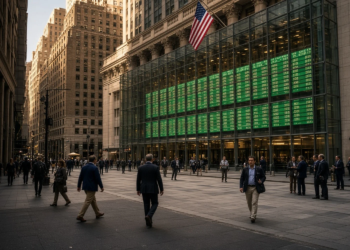 Wall Street cash open: pedestrians on the exchange plaza as a green ticker wall lights the glass facade, after a hot-core CPI print and an oil fade.