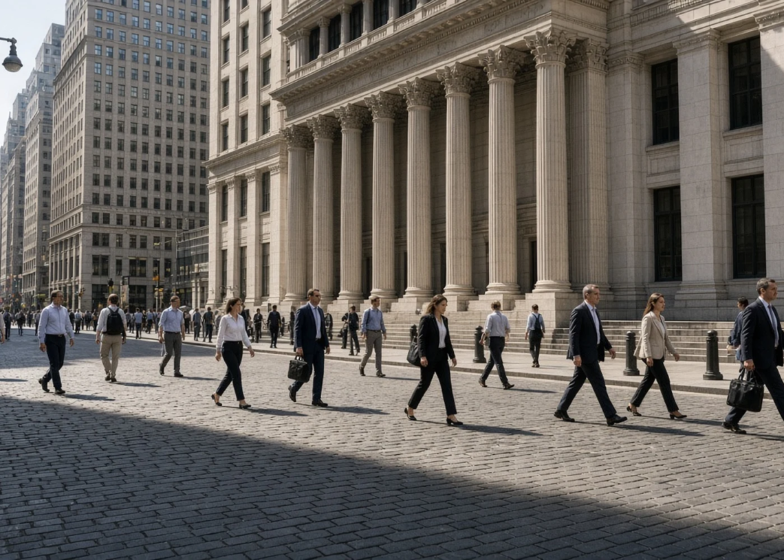Office workers cross cobblestones at midday in front of the New York Stock Exchange as U.S. stocks hold near 1 percent.