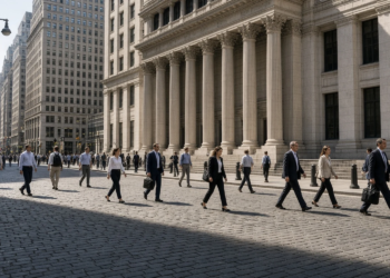 Office workers cross cobblestones at midday in front of the New York Stock Exchange as U.S. stocks hold near 1 percent.