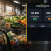 Cinematic grocery produce aisle with shopping cart soft focus; frosted center-right CPI panel showing headline +0.4% MoM / +3.4% YoY in line and core +0.3% MoM hot vs 0.2%, plus energy, gasoline, and food MoM.
