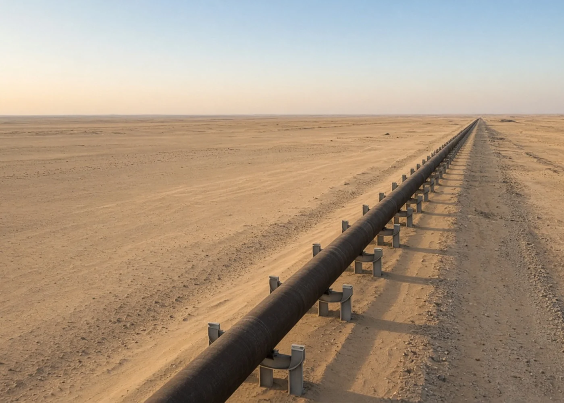 A long desert crude pipeline on steel supports, the East-West corridor after the attack that shut the line.