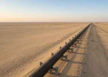 A long desert crude pipeline on steel supports, the East-West corridor after the attack that shut the line.