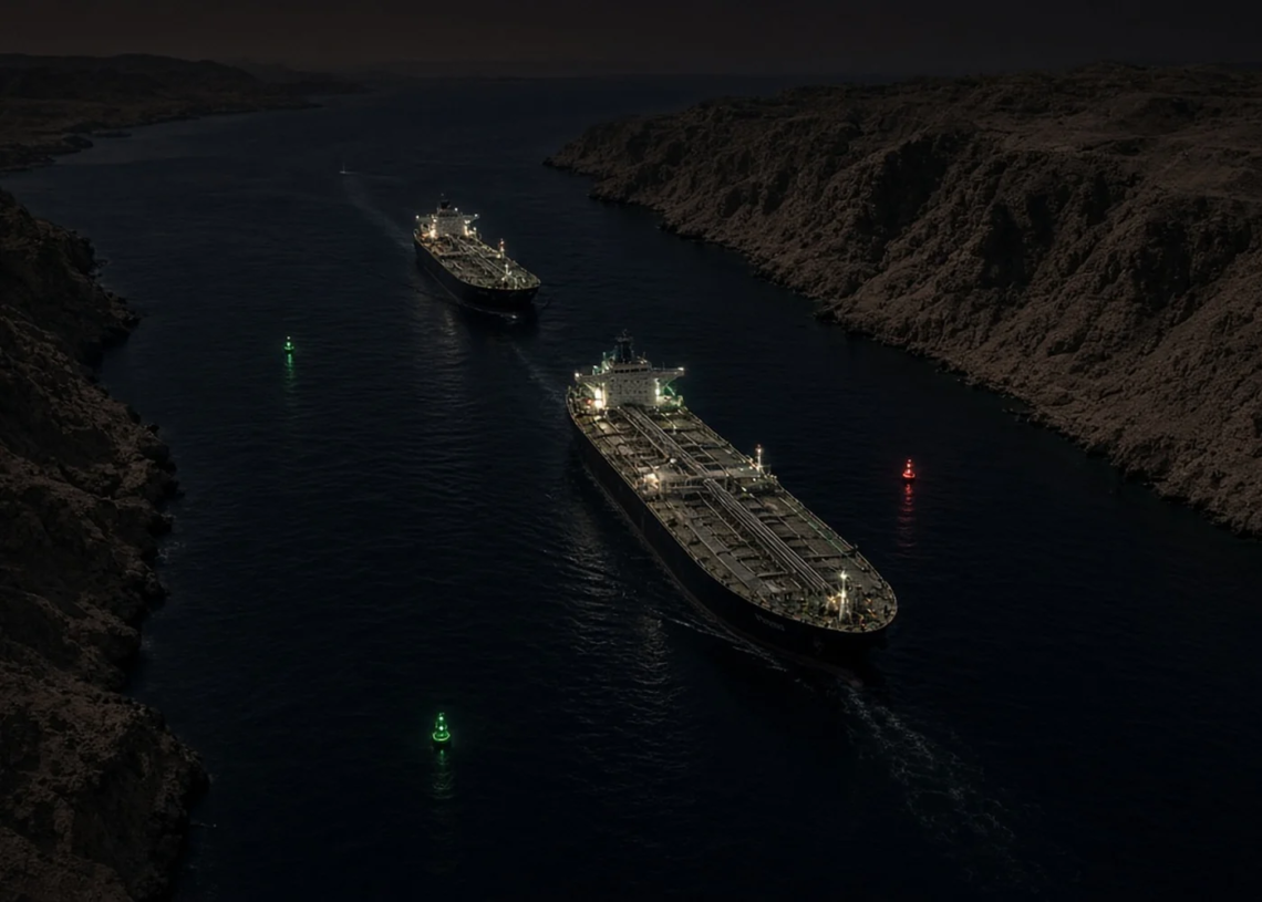 Two tankers transit a narrow arid strait at night under channel lights.