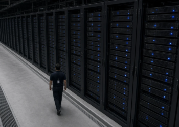 One unidentifiable technician, seen from behind, walking a hyperscale aisle beside a wall of GPU-style racks that dwarf him.