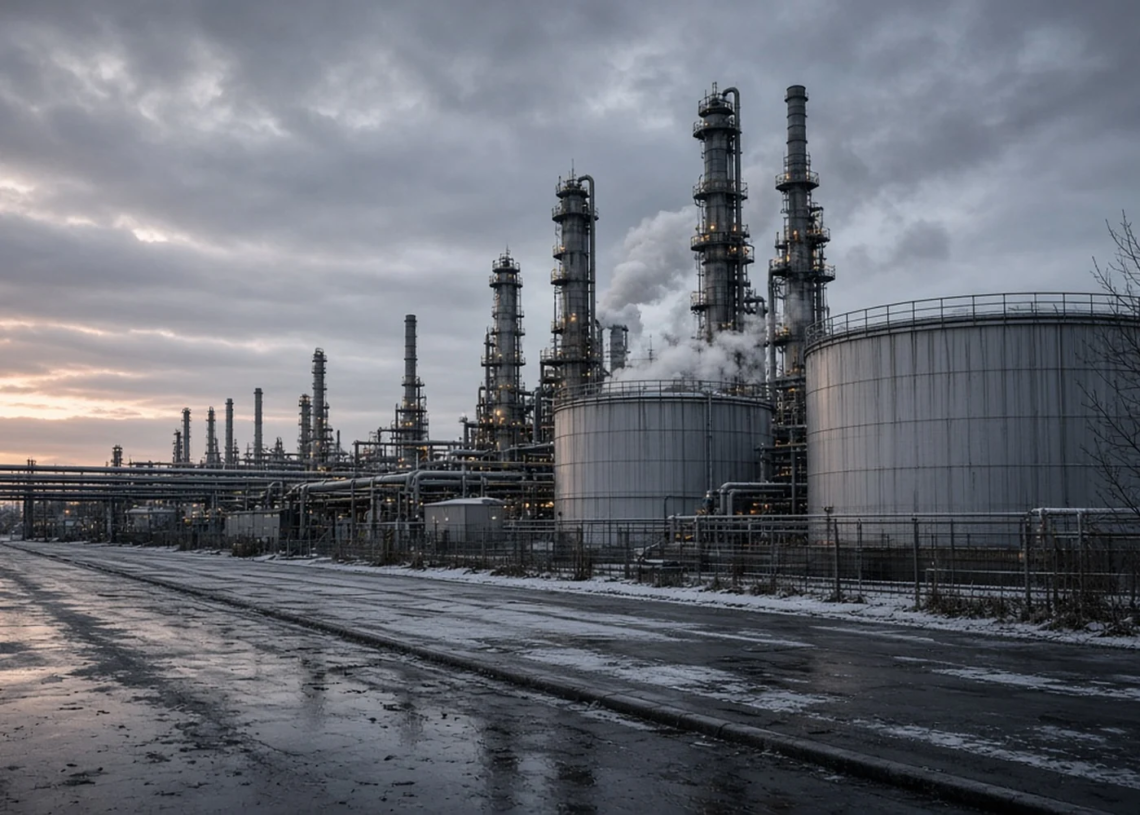 Northern European winter refinery — snow on the verge, bare trees, dusk lights, diesel/heating tanks and steam.