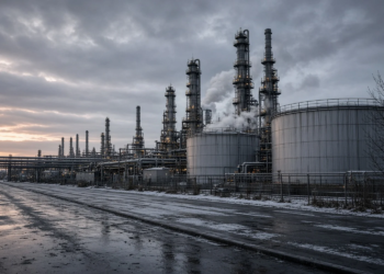 Northern European winter refinery — snow on the verge, bare trees, dusk lights, diesel/heating tanks and steam.