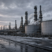 Northern European winter refinery — snow on the verge, bare trees, dusk lights, diesel/heating tanks and steam.