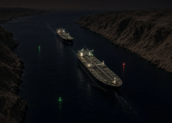 Two tankers transit a narrow arid strait at night under channel lights.