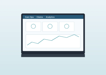 Abstract healthcare operations software interface on a laptop, suggesting PE exploration of a healthcare SaaS sale.
